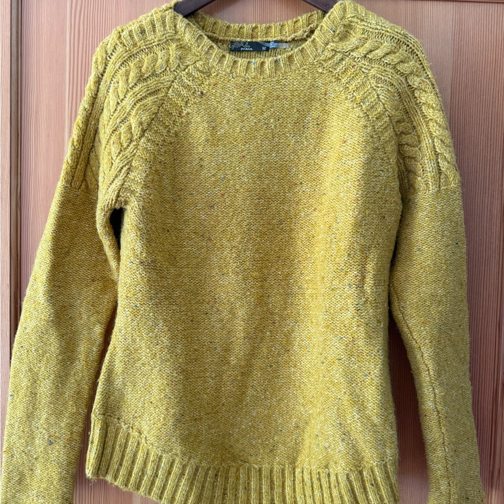Prana Mustard Yellow Cable-Shoulder Crew Sweater
